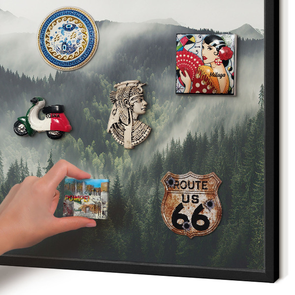 Vacation magnet board with a black frame Green mountains