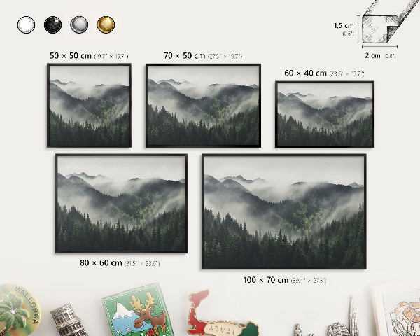 Vacation magnet board with a black frame Green mountains