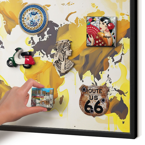Metal wall board for magnets in a black frame World map