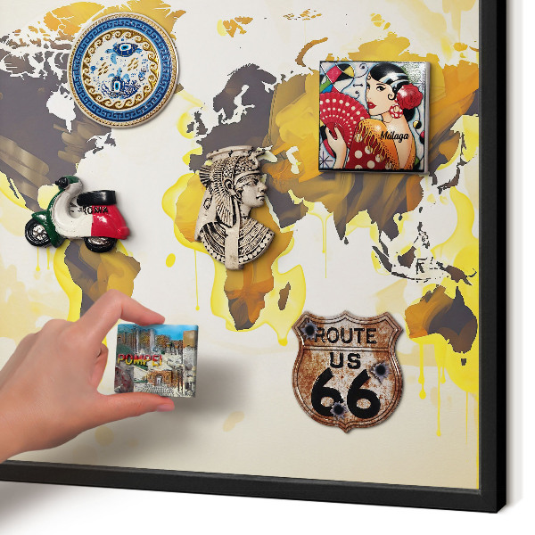 Metal wall board for magnets in a black frame World map