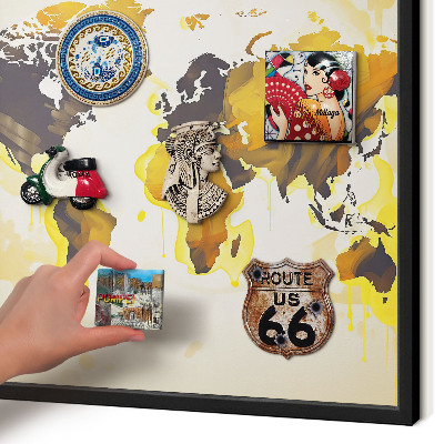 Metal wall board for magnets in a black frame World map