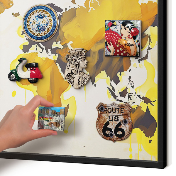 Metal wall board for magnets in a black frame World map