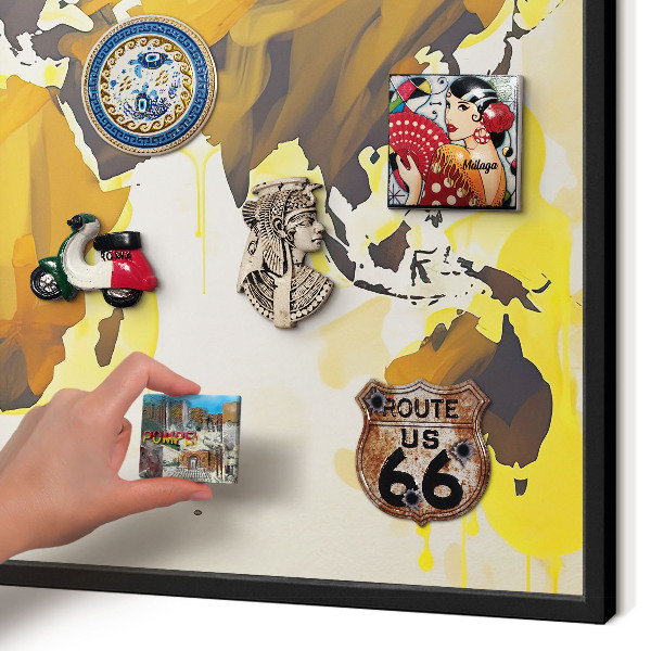 Metal wall board for magnets in a black frame World map