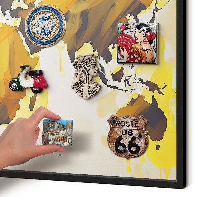Metal wall board for magnets in a black frame World map