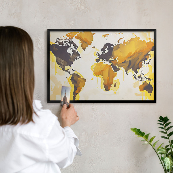 Metal wall board for magnets in a black frame World map
