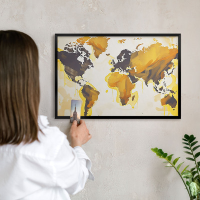 Metal wall board for magnets in a black frame World map