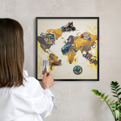Metal wall board for magnets in a black frame World map