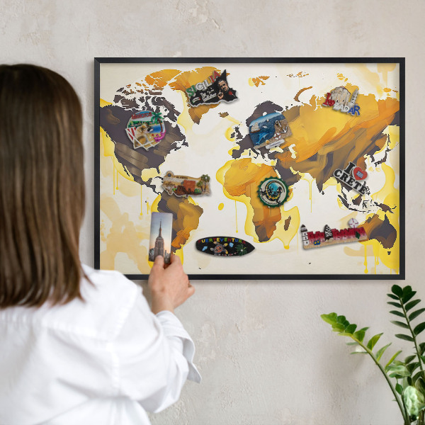 Metal wall board for magnets in a black frame World map