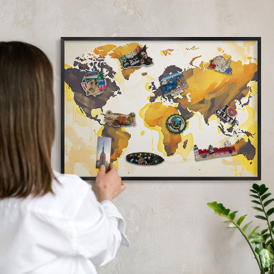 Metal wall board for magnets in a black frame World map