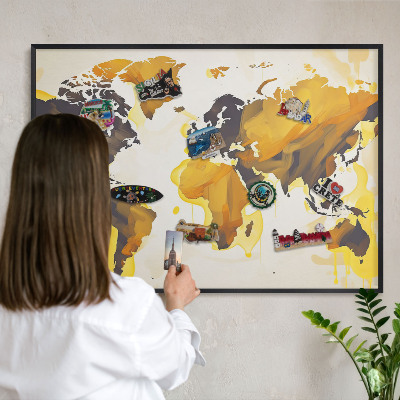 Metal wall board for magnets in a black frame World map