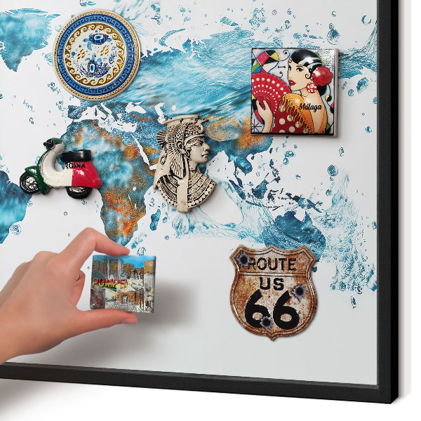 Vacation magnet board with a black frame Water map