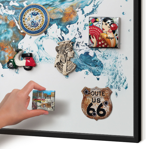 Vacation magnet board with a black frame Water map
