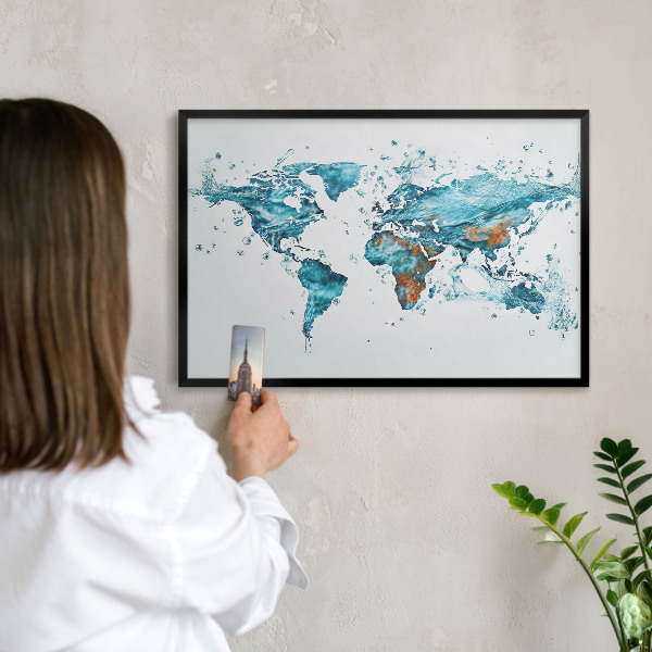 Vacation magnet board with a black frame Water map