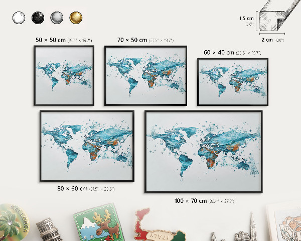 Vacation magnet board with a black frame Water map