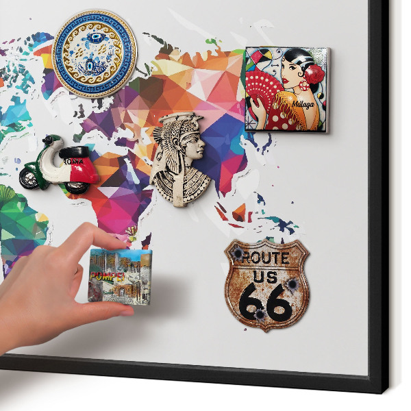 Vacation magnet board with a black frame World map