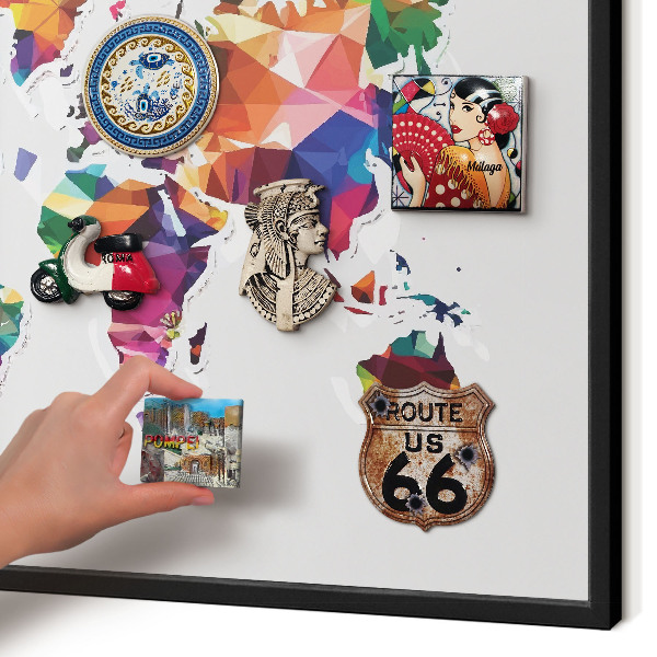 Vacation magnet board with a black frame World map