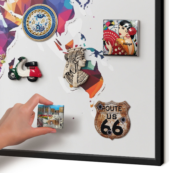 Vacation magnet board with a black frame World map