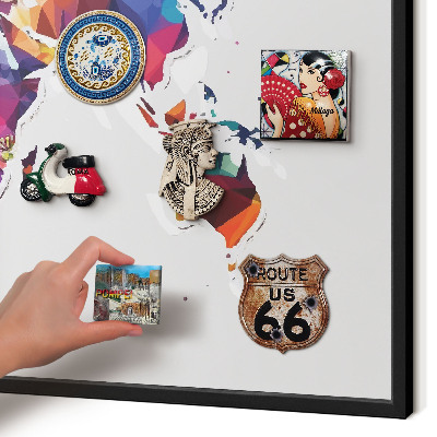 Vacation magnet board with a black frame World map