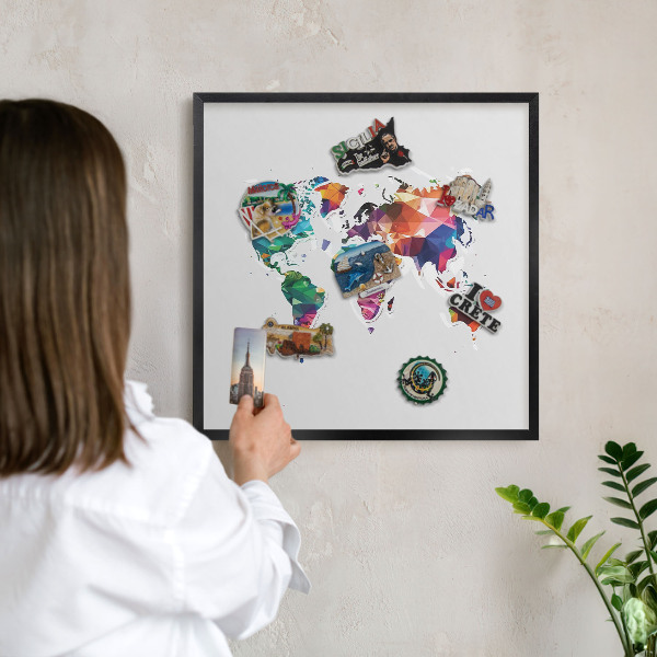 Vacation magnet board with a black frame World map