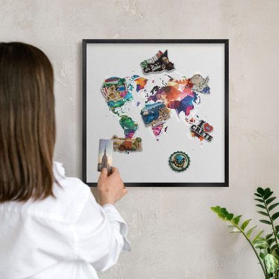 Vacation magnet board with a black frame World map