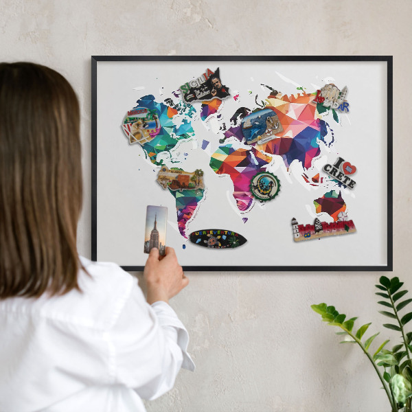 Vacation magnet board with a black frame World map