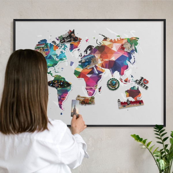 Vacation magnet board with a black frame World map