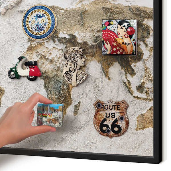 Metal wall board for magnets in a black frame Relief map