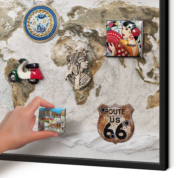 Metal wall board for magnets in a black frame Relief map