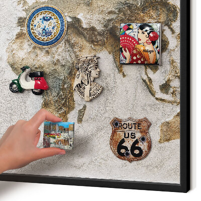Metal wall board for magnets in a black frame Relief map