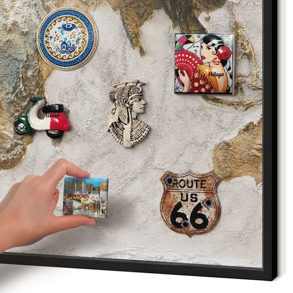 Metal wall board for magnets in a black frame Relief map