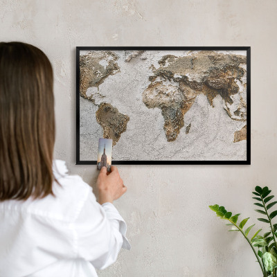 Metal wall board for magnets in a black frame Relief map