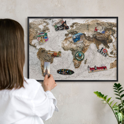 Metal wall board for magnets in a black frame Relief map