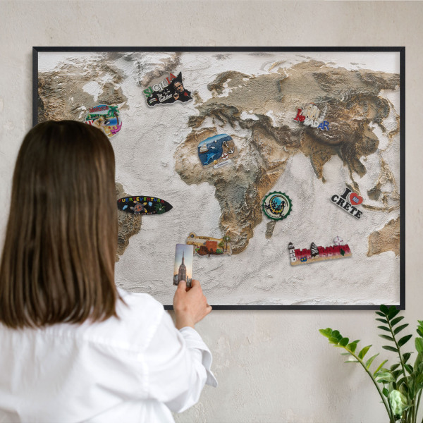 Metal wall board for magnets in a black frame Relief map