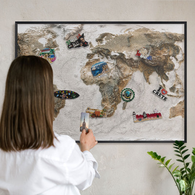 Metal wall board for magnets in a black frame Relief map