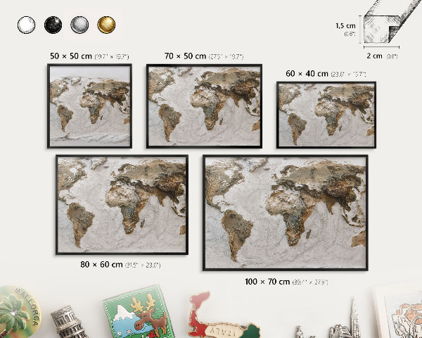 Metal wall board for magnets in a black frame Relief map
