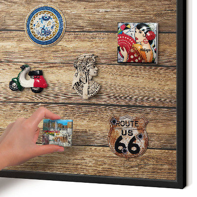 Vacation magnet board with a black frame Wooden texture