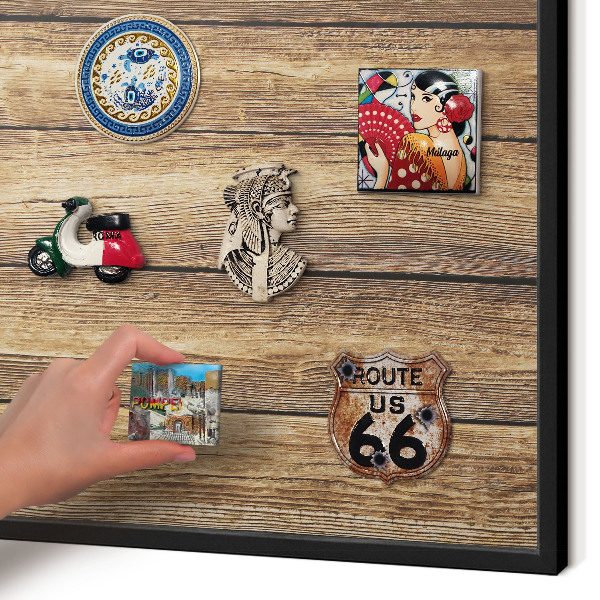 Vacation magnet board with a black frame Wooden texture