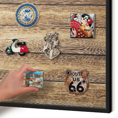 Vacation magnet board with a black frame Wooden texture