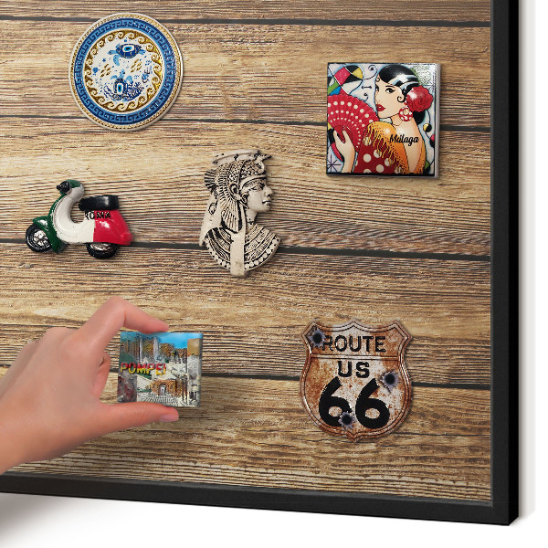 Vacation magnet board with a black frame Wooden texture