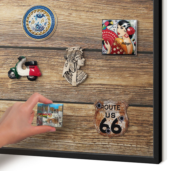 Vacation magnet board with a black frame Wooden texture