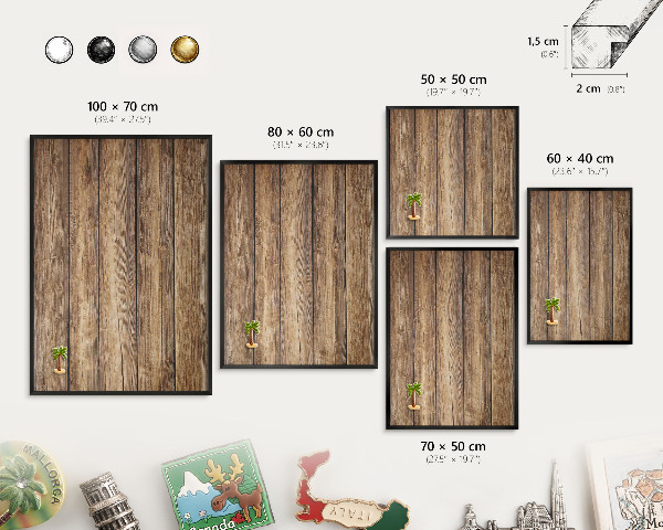 Vacation magnet board with a black frame Wooden texture