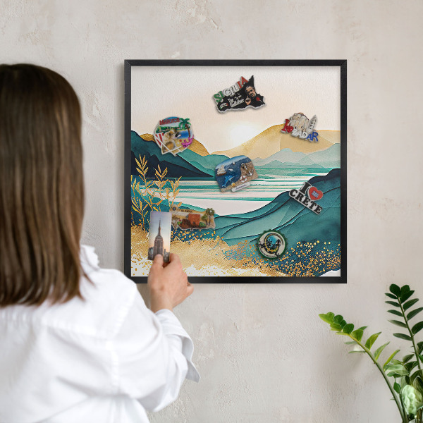 Metal wall board for magnets in a black frame A peaceful view