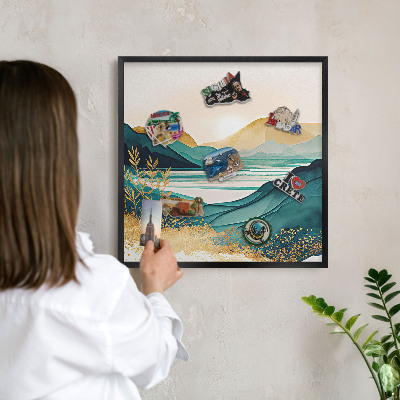 Metal wall board for magnets in a black frame A peaceful view