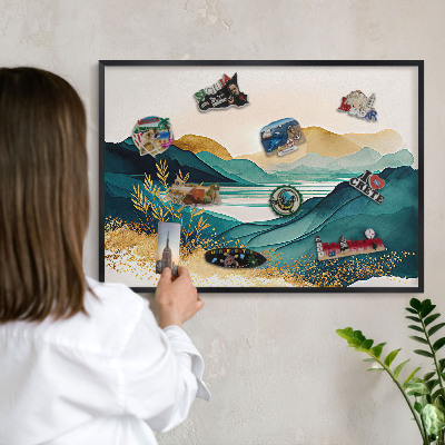 Metal wall board for magnets in a black frame A peaceful view