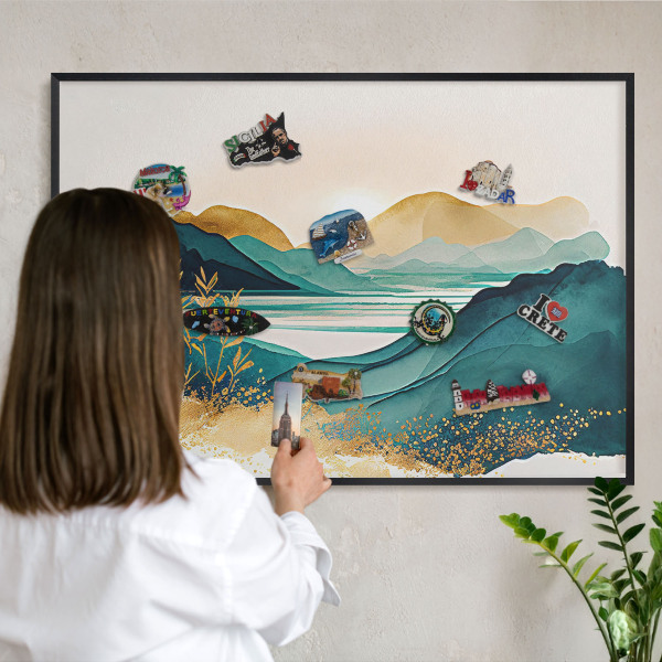 Metal wall board for magnets in a black frame A peaceful view