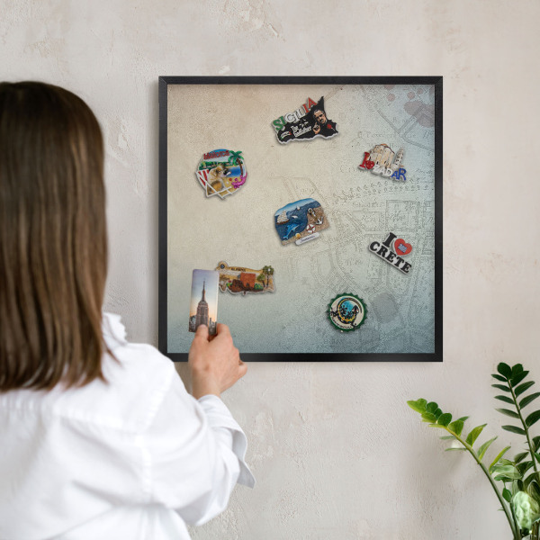 Vacation magnet board with a black frame Old map