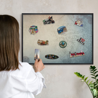 Vacation magnet board with a black frame Old map