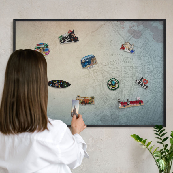 Vacation magnet board with a black frame Old map