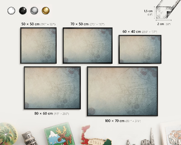 Vacation magnet board with a black frame Old map