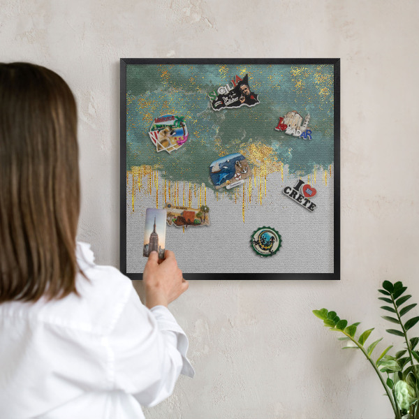 Metal wall board for magnets in a black frame Turquoise abstraction